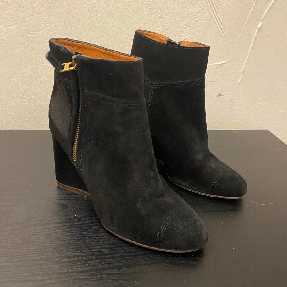 Lanvin Paris Black Suede Wedge Ankle Boots Zip Size 36 EU Women's Shoes